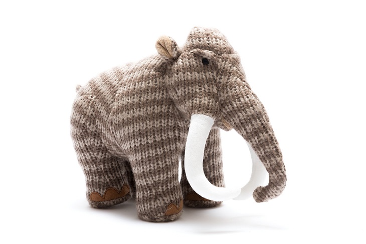 knitted brown woolly mammoth dinosaur toy suitable from birth
